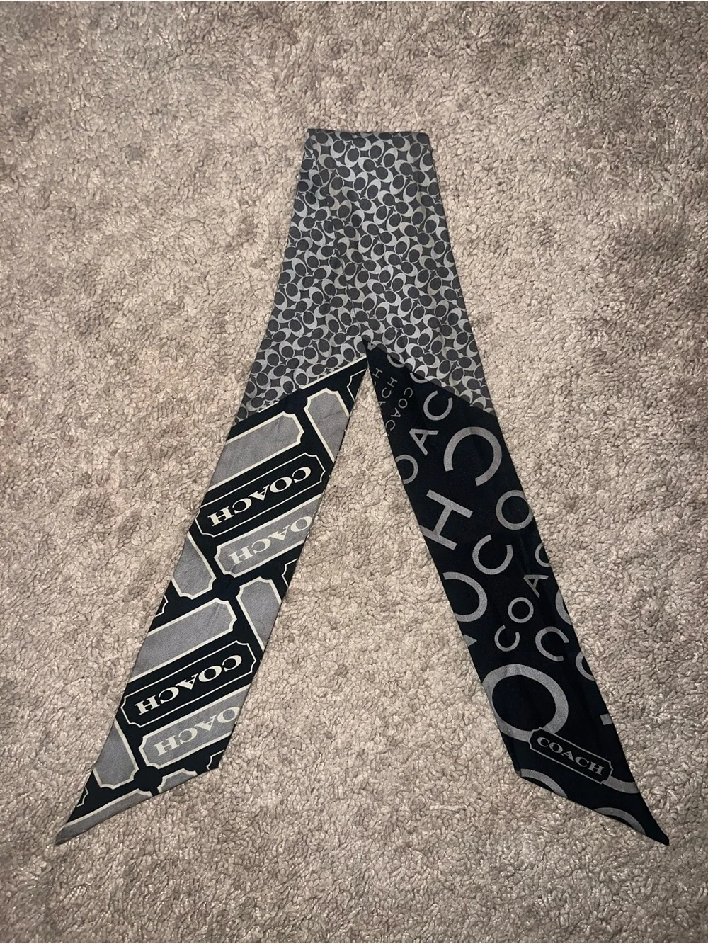 Coach Signature Logo Silk Skinny Scarf Bag Scarf Black and Gray